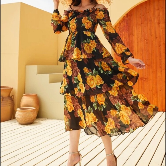 SHEIN Dresses & Skirts - 𝗙𝗹𝗼𝗿𝗮𝗹 𝗕𝗮𝗿𝗱𝗼𝘁 𝗦𝗵𝗶𝗿𝗿𝗲𝗱 𝗟𝗮𝘆𝗲𝗿𝗲𝗱 𝗗𝗿𝗲𝘀𝘀